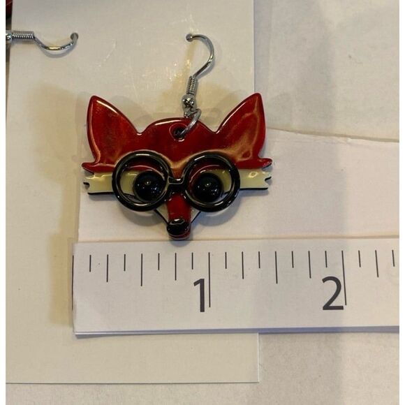 Earrings Red Fox w/ Eye Glasses Cartoon Dangle Whimsical Statement Cartoon FUN - Picture 6 of 7